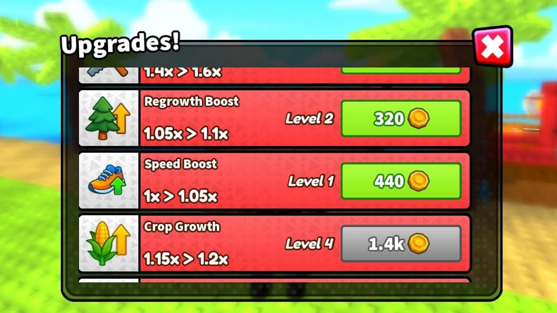 The Upgrades menu (Image via Roblox)
